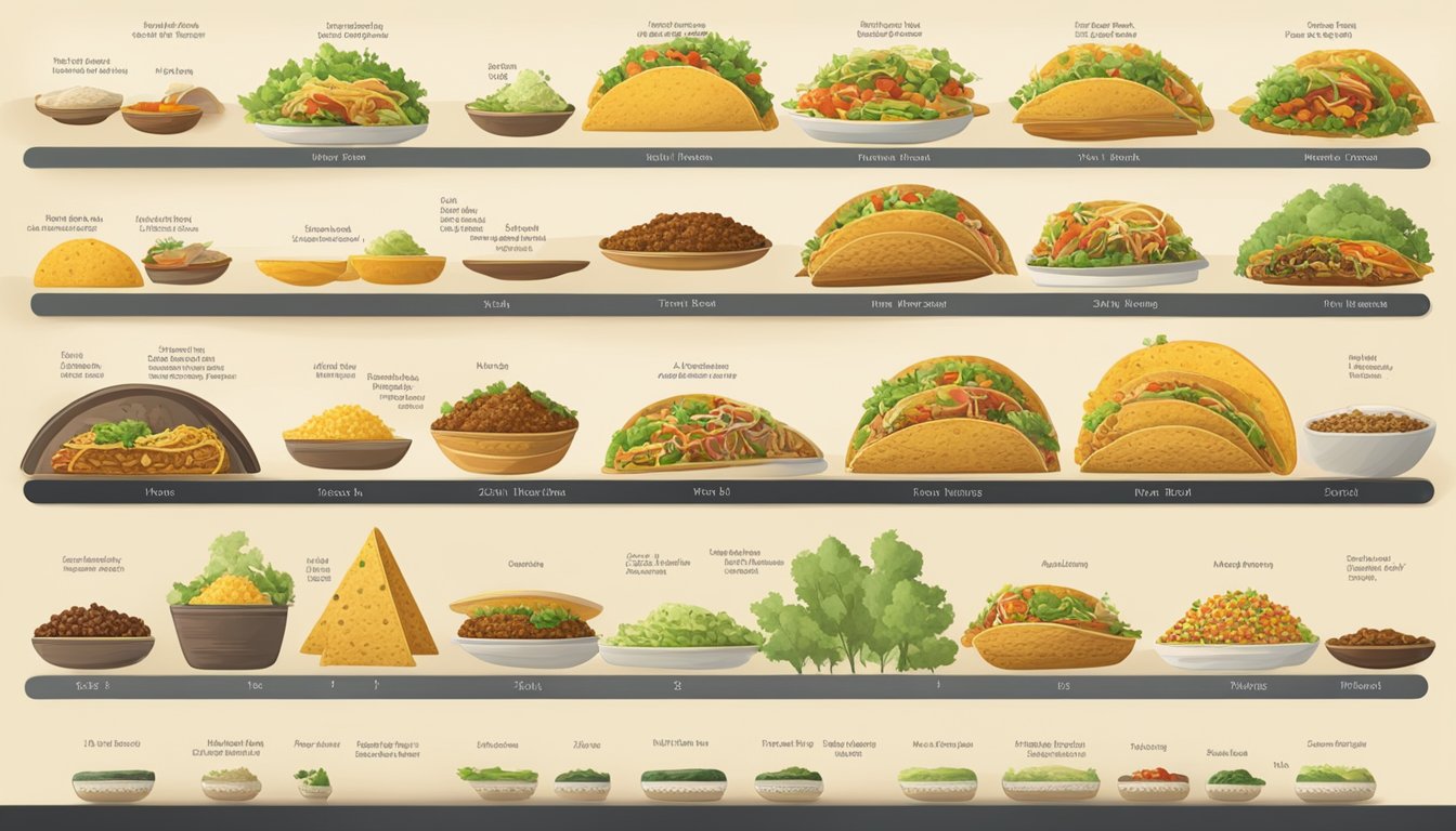 A timeline of taco fillings from ancient to modern Mexico, with depictions of cultural influences and adaptations