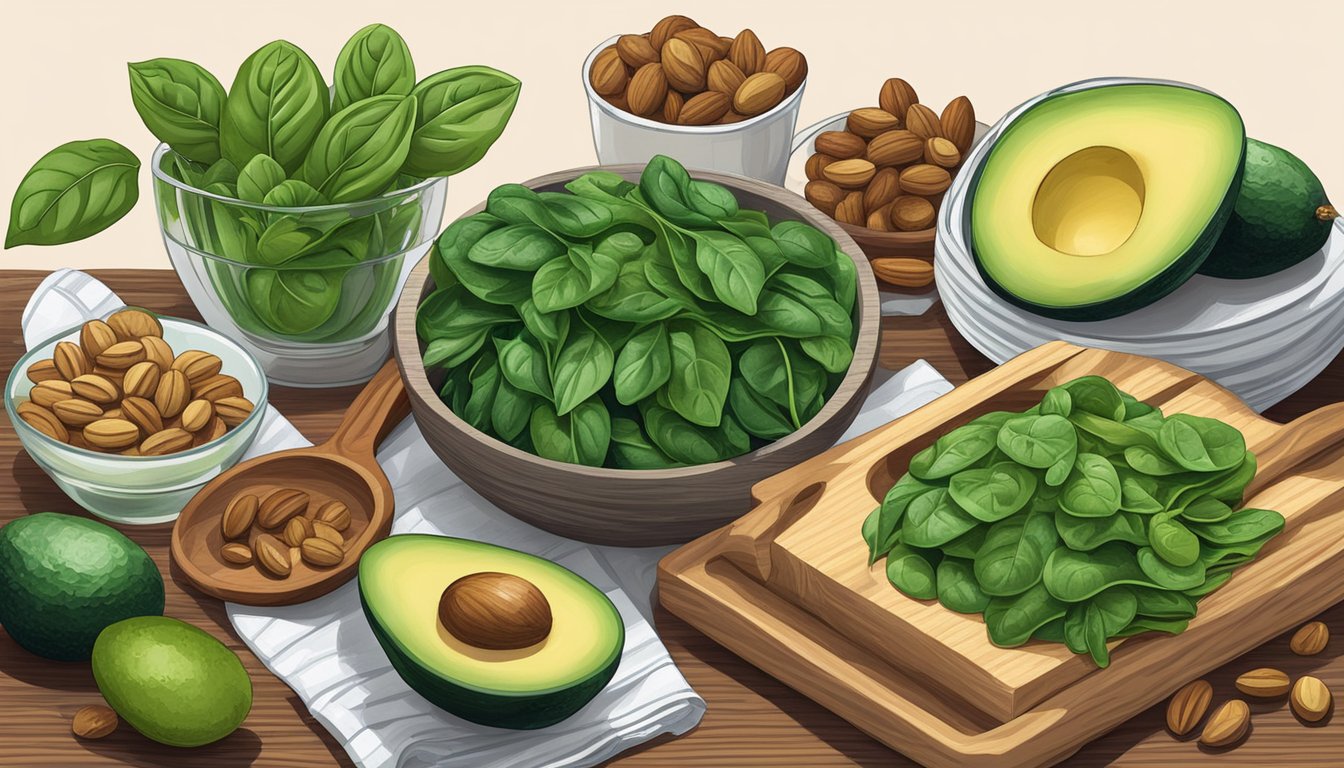 A colorful array of spinach, avocados, and nuts on a wooden table