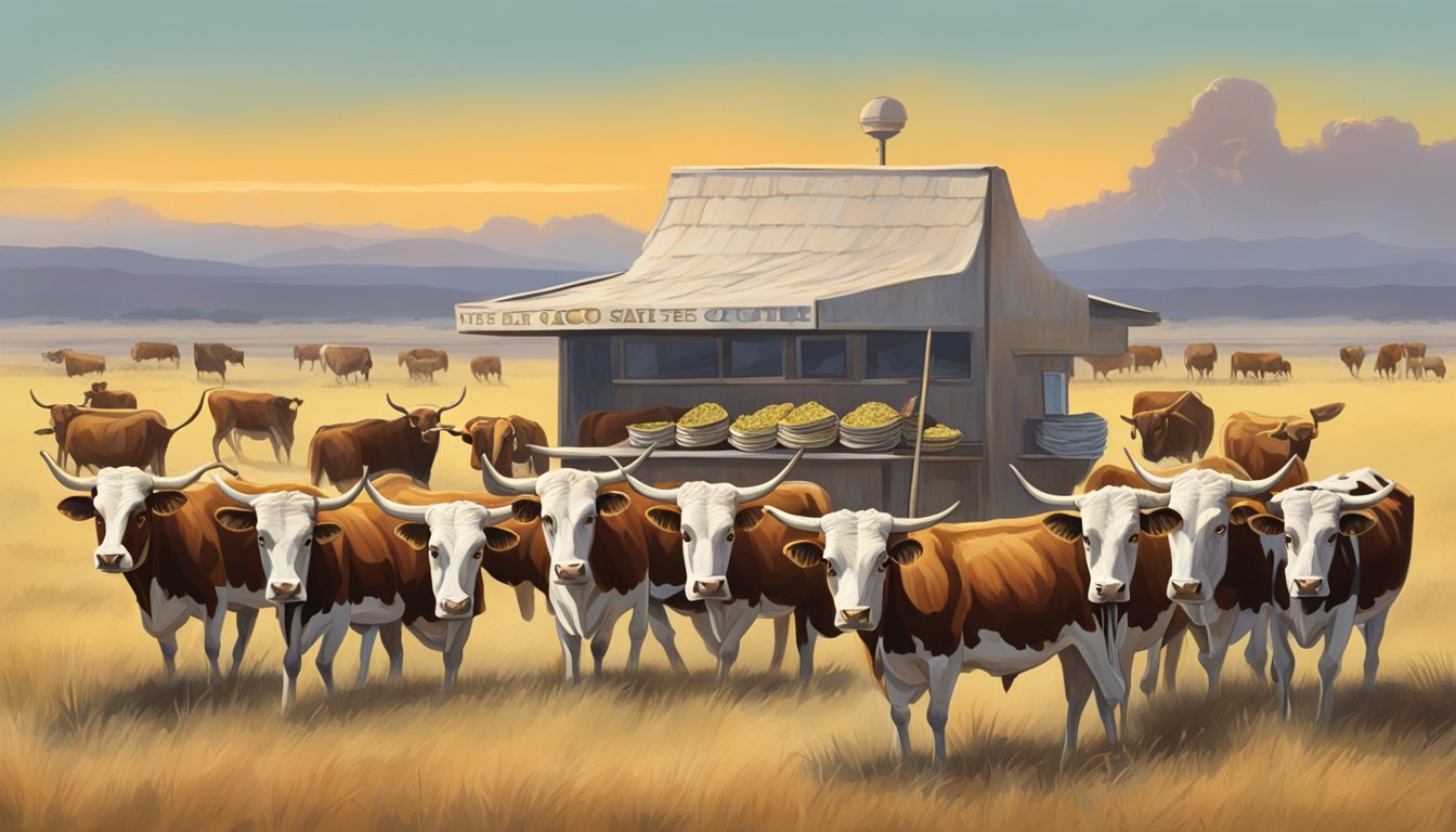 A herd of longhorn cattle grazing on the open plains of Texas, with a traditional taco stand in the background, symbolizing the fusion of cattle culture and taco cuisine