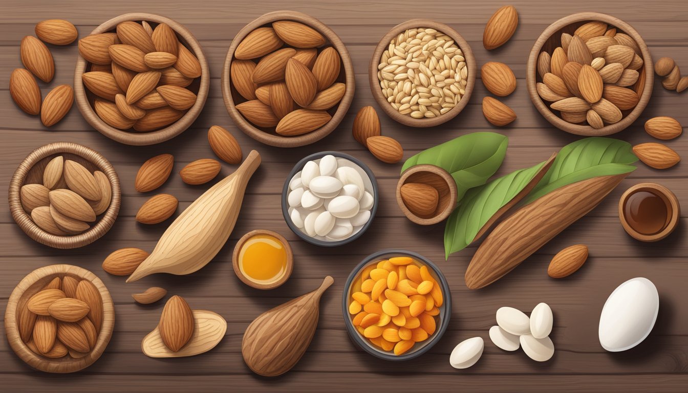 A variety of almonds, along with other fertility-boosting foods, displayed on a wooden table