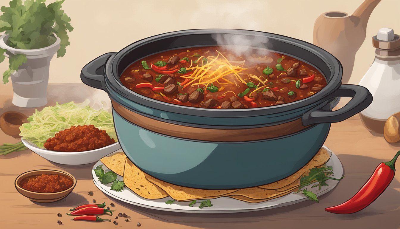 A steaming pot of chili sits next to a plate of tacos, with ingredients like beef, chili peppers, and cumin scattered around. The rich aroma of spices fills the air