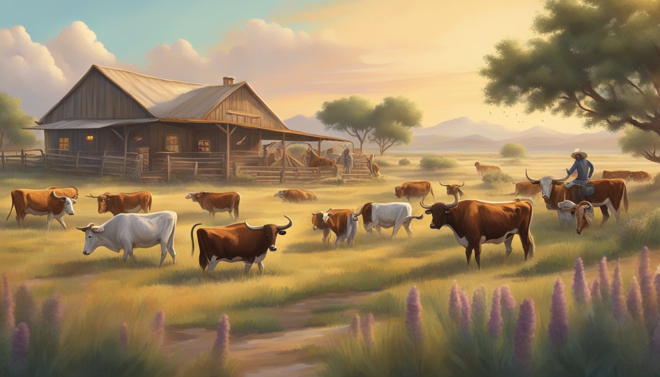 A herd of Texas longhorn cattle grazing in a vast prairie, while a chef prepares traditional tacos in a rustic kitchen