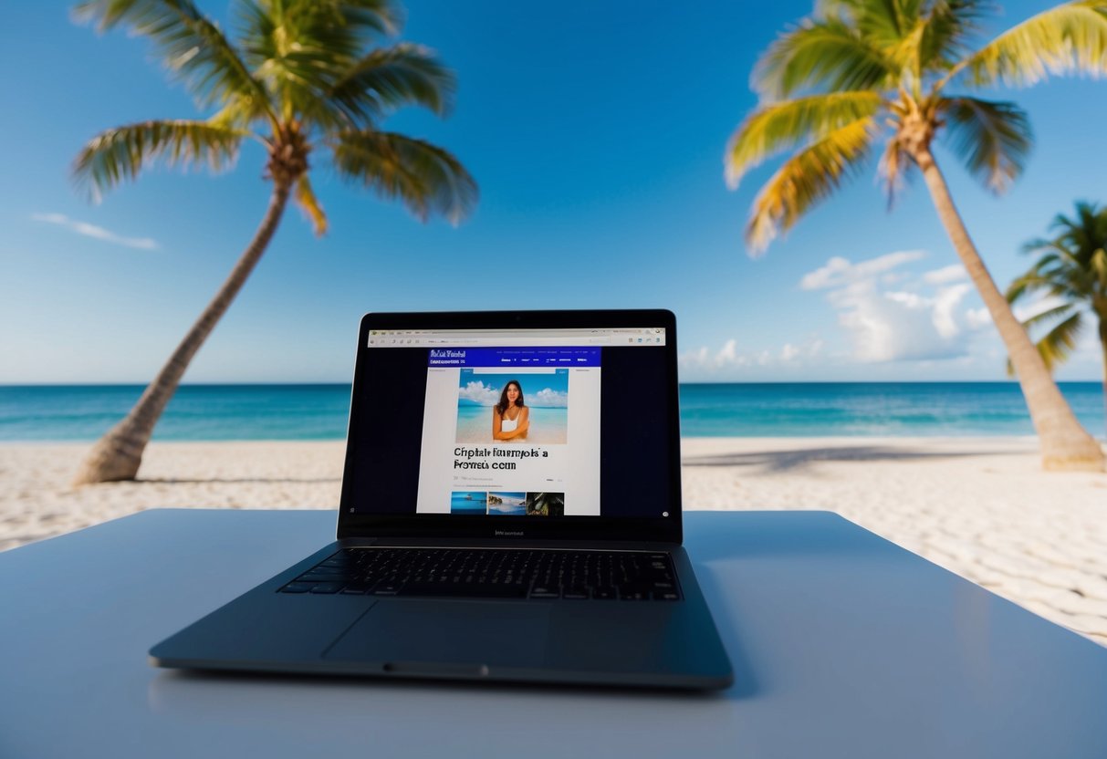 Uma praia tropical com palmeiras e um céu azul claro, com um laptop aberto na página do Onlyfans de Cibelly Ferreira.