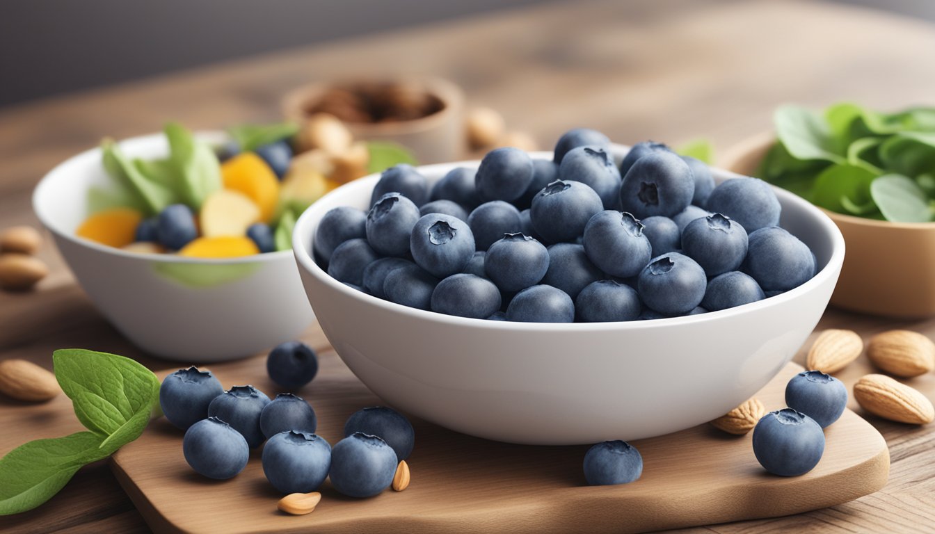 A bowl of fresh blueberries sits on a wooden table, surrounded by other energizing foods like nuts and leafy greens