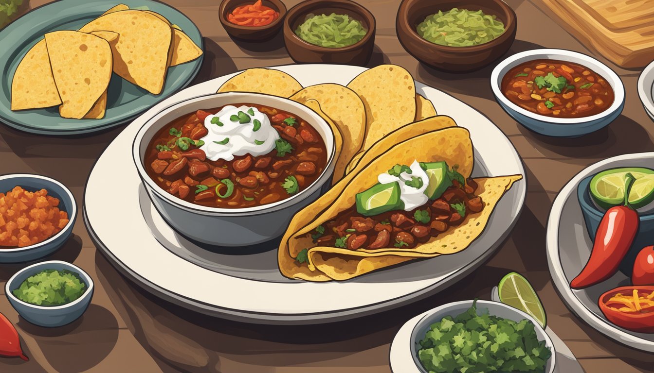 A steaming bowl of Texas chili sits next to a plate of loaded tacos, showcasing the fusion of flavors and ingredients that have shaped modern Tex-Mex cuisine