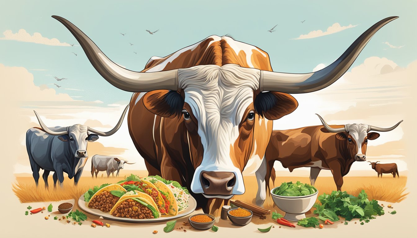 A herd of Texas longhorn cattle grazing in an open field, surrounded by various types of taco ingredients and spices