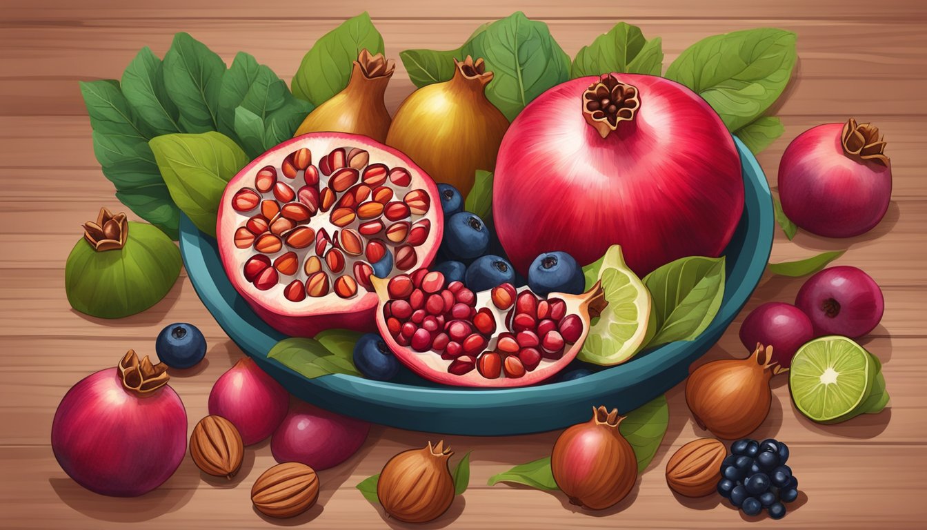 A vibrant pomegranate surrounded by assorted fertility-boosting foods like nuts, leafy greens, and berries on a wooden table