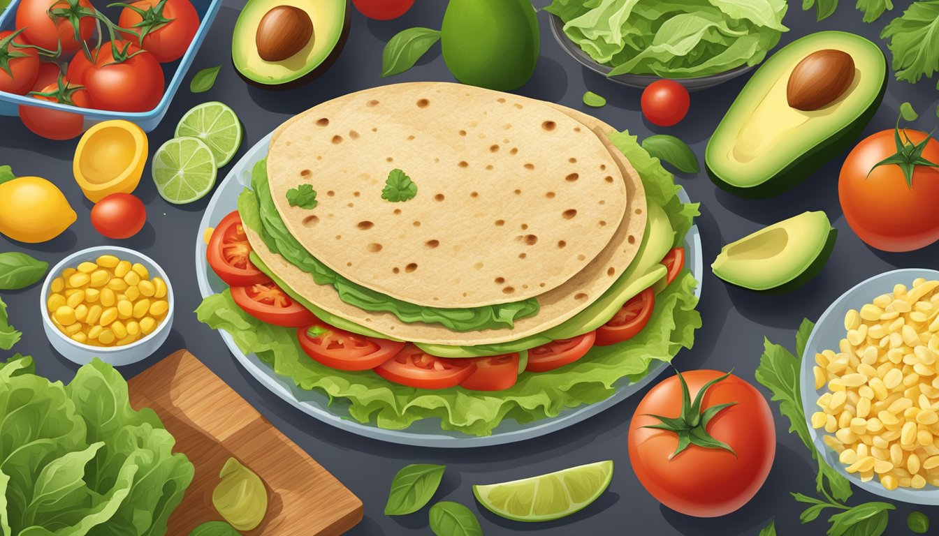 A colorful array of fresh ingredients, including tomatoes, lettuce, avocado, and lean protein, arranged around a warm corn tortilla