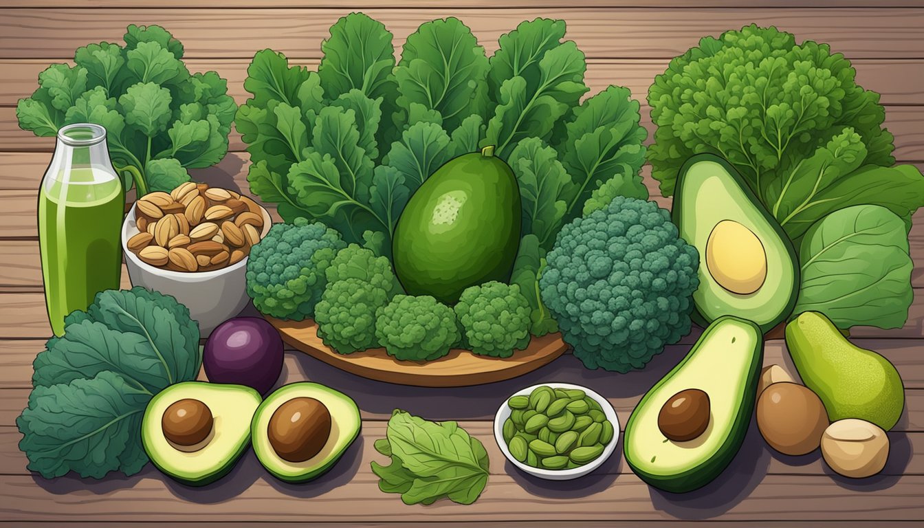 A colorful array of kale, spinach, avocado, and nuts arranged on a wooden table with a background of fertility symbols and plants