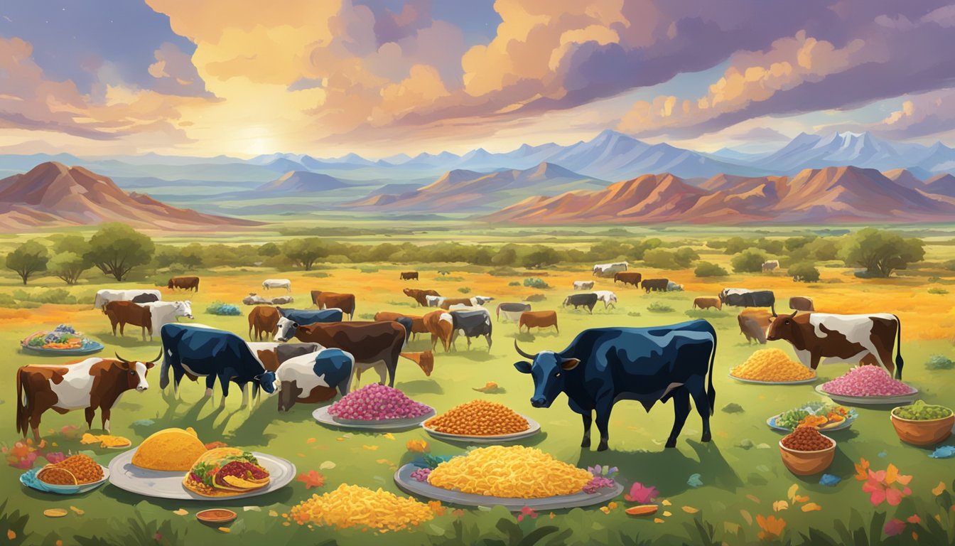 A herd of cattle grazing in a vast Texas landscape, with a colorful array of taco ingredients scattered across the foreground