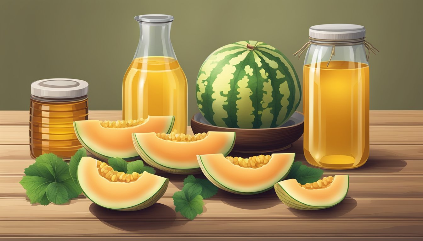 A variety of melon fruits displayed on a wooden table with a glass of water and a jar of honey nearby