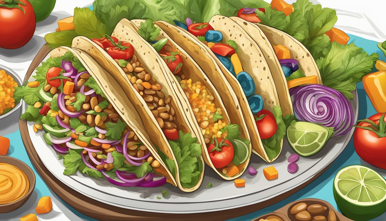 Fresh vegetables, beans, and lean protein arranged in a colorful and appetizing taco. A variety of vitamins and minerals are highlighted in the ingredients, emphasizing the health benefits of eating tacos