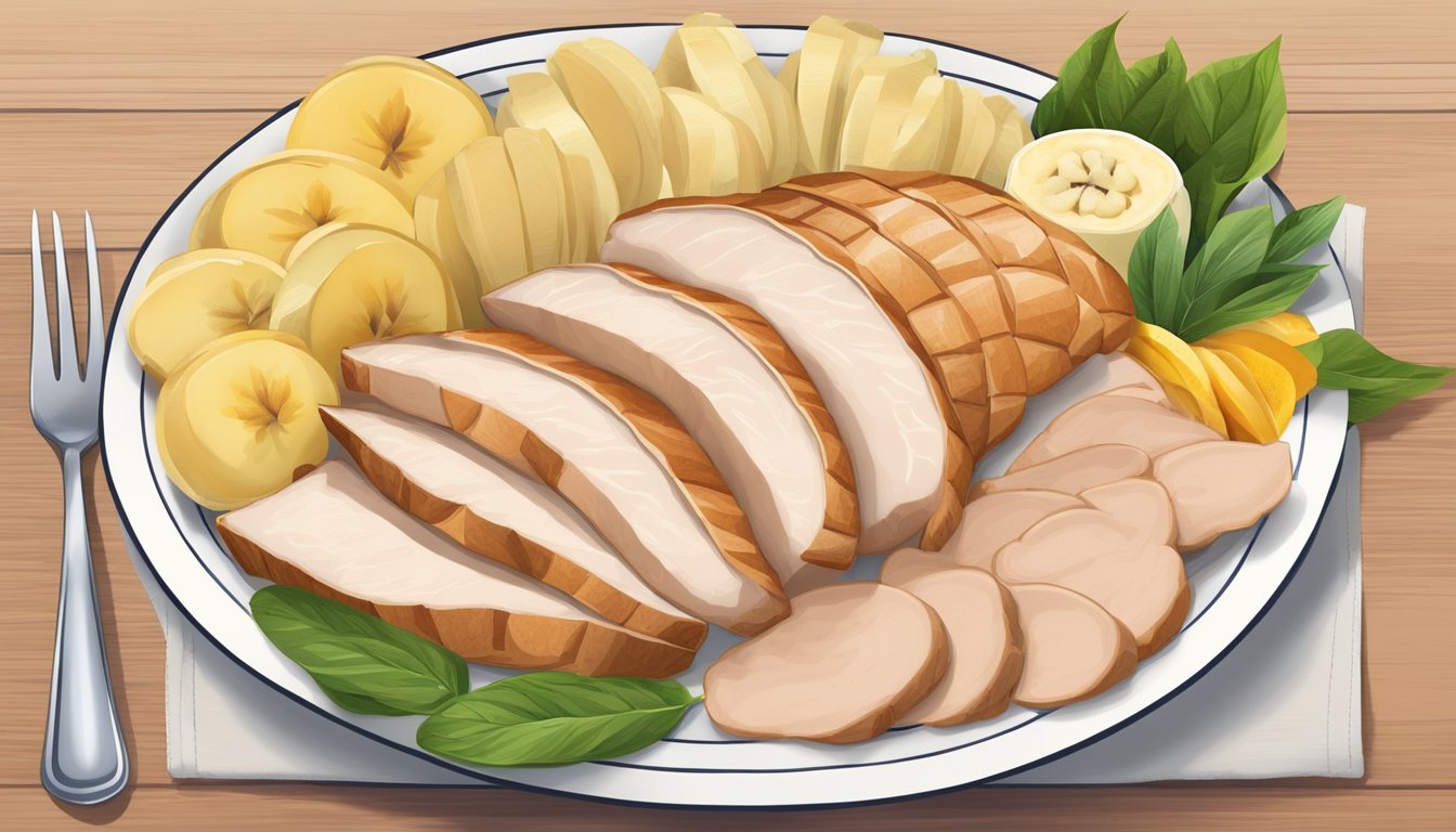 A plate of sliced turkey breast surrounded by soothing, anti-inflammatory foods like ginger, oatmeal, and bananas