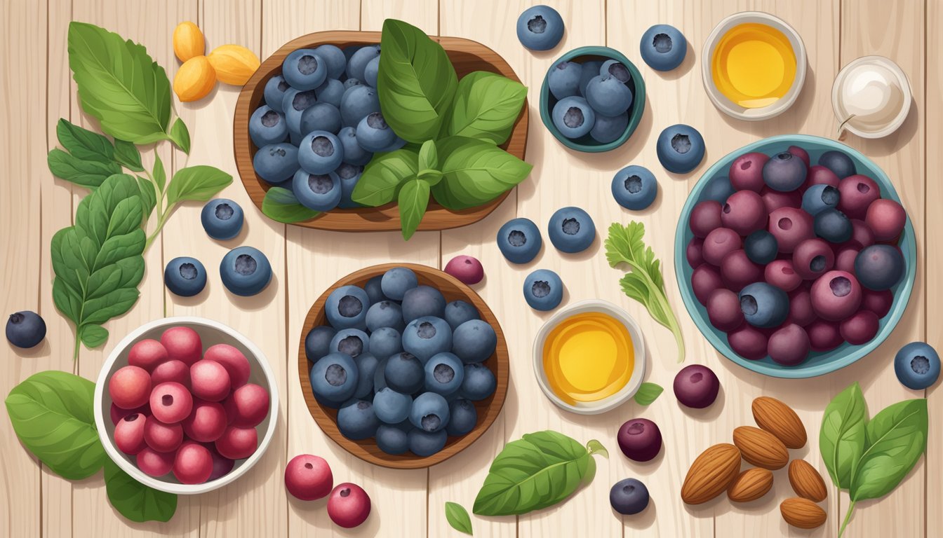 A colorful array of fresh blueberries, surrounded by other fertility-boosting foods like nuts and leafy greens, arranged on a wooden table