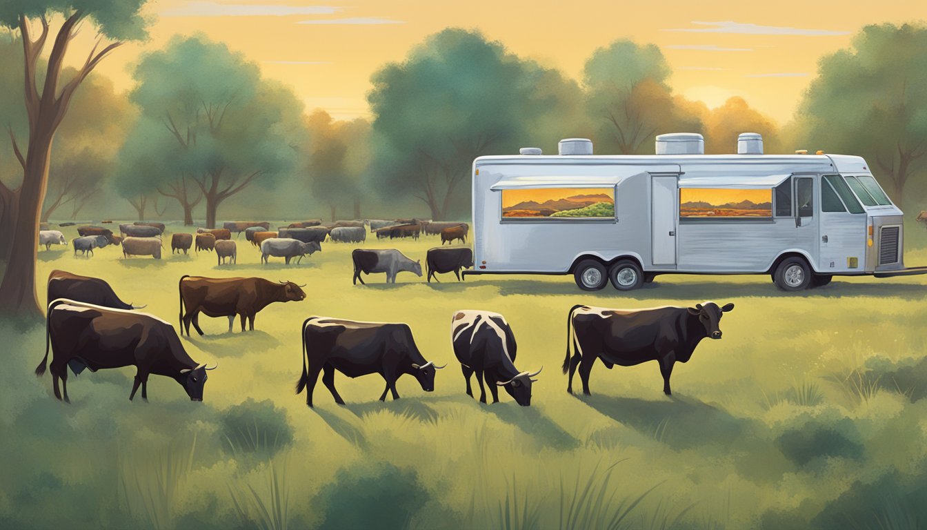 A herd of cattle grazing in a Texas field, while in the background, a modern taco truck serves up delicious fusion tacos