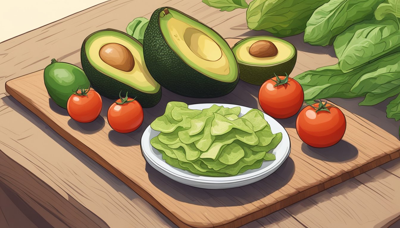 Fresh ingredients: avocados, tomatoes, and lettuce arranged on a wooden cutting board. A pile of corn tortillas nearby