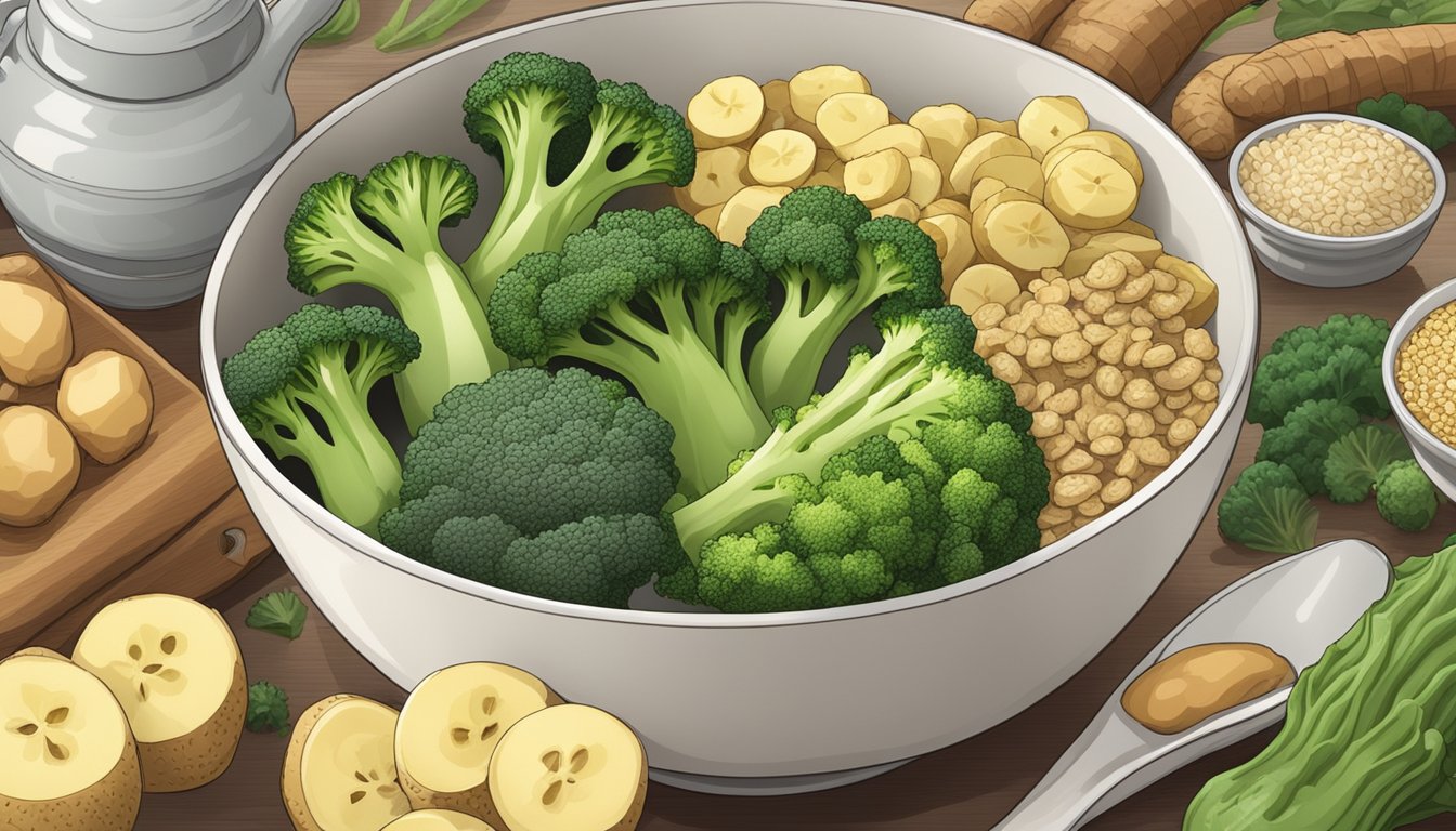 A bowl of steamed broccoli surrounded by other anti-reflux foods like ginger, oatmeal, and bananas