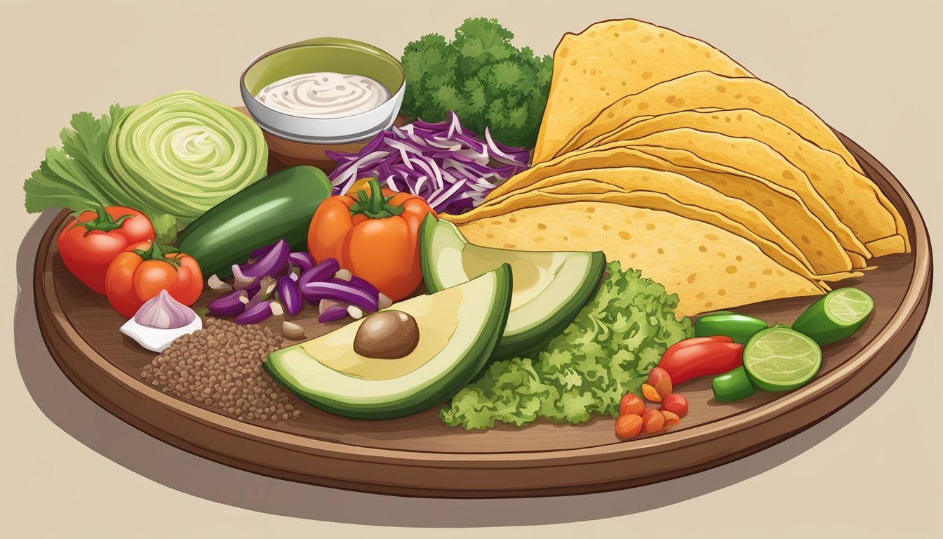 A colorful array of fresh vegetables, lean proteins, and whole grain tortillas arranged on a plate, showcasing the diverse and nutritious ingredients found in a traditional taco