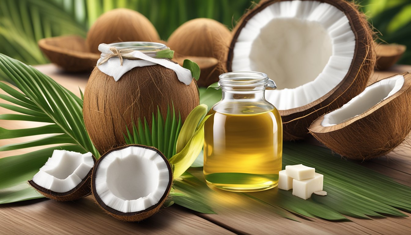 A variety of coconut oil-based foods arranged on a wooden table, including coconut oil itself, coconut milk, and coconut flour, surrounded by fresh coconuts and green leaves