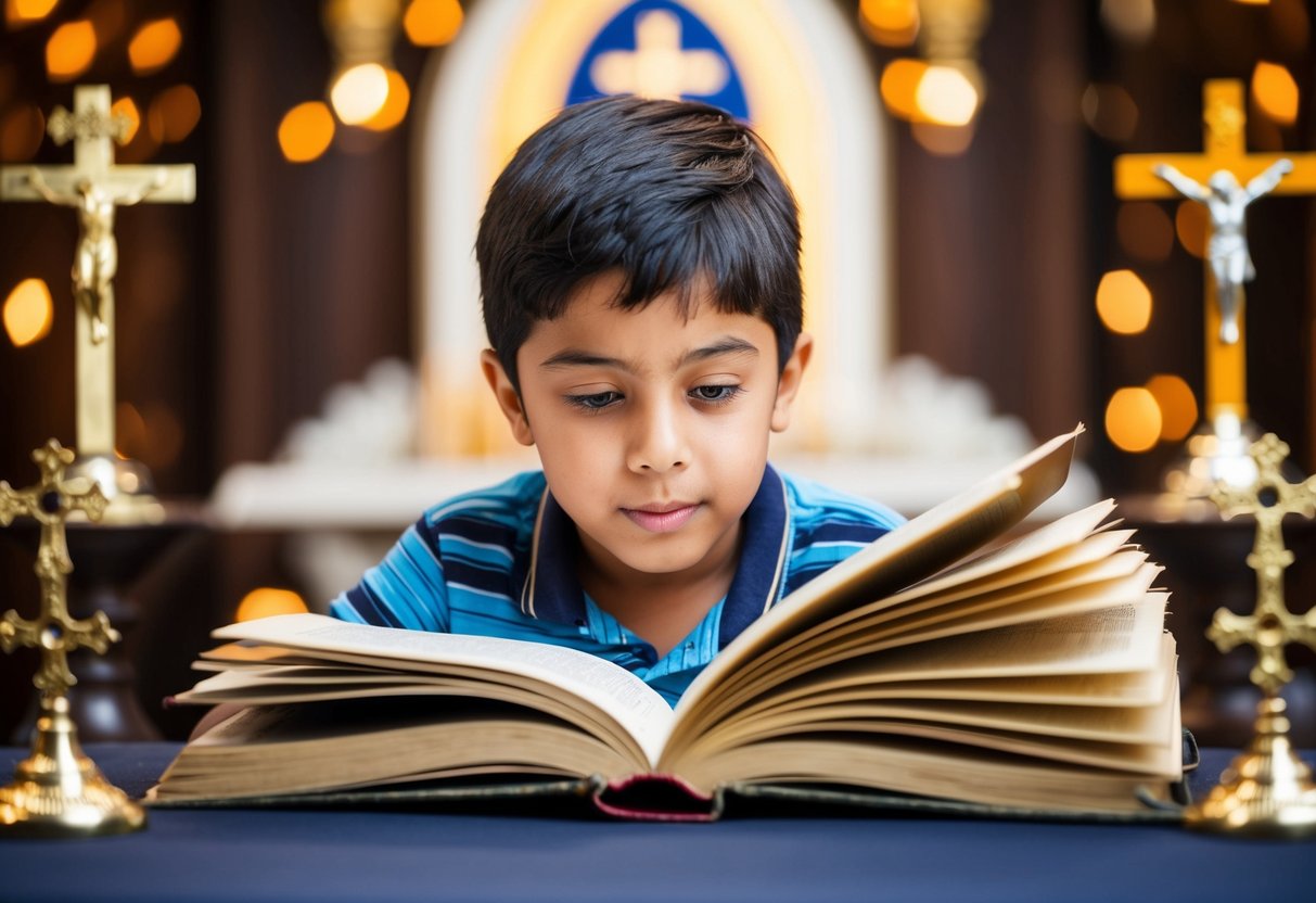 Um jovem garoto estudando um grande livro aberto cercado por símbolos religiosos