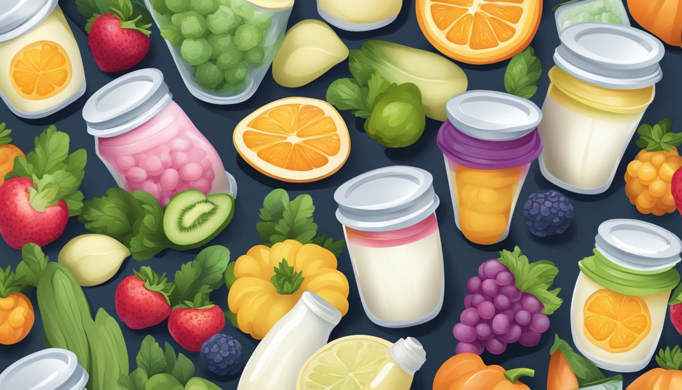 A variety of probiotic yogurt containers surrounded by colorful fruits and vegetables, with a focus on ingredients known to help fight yeast infections