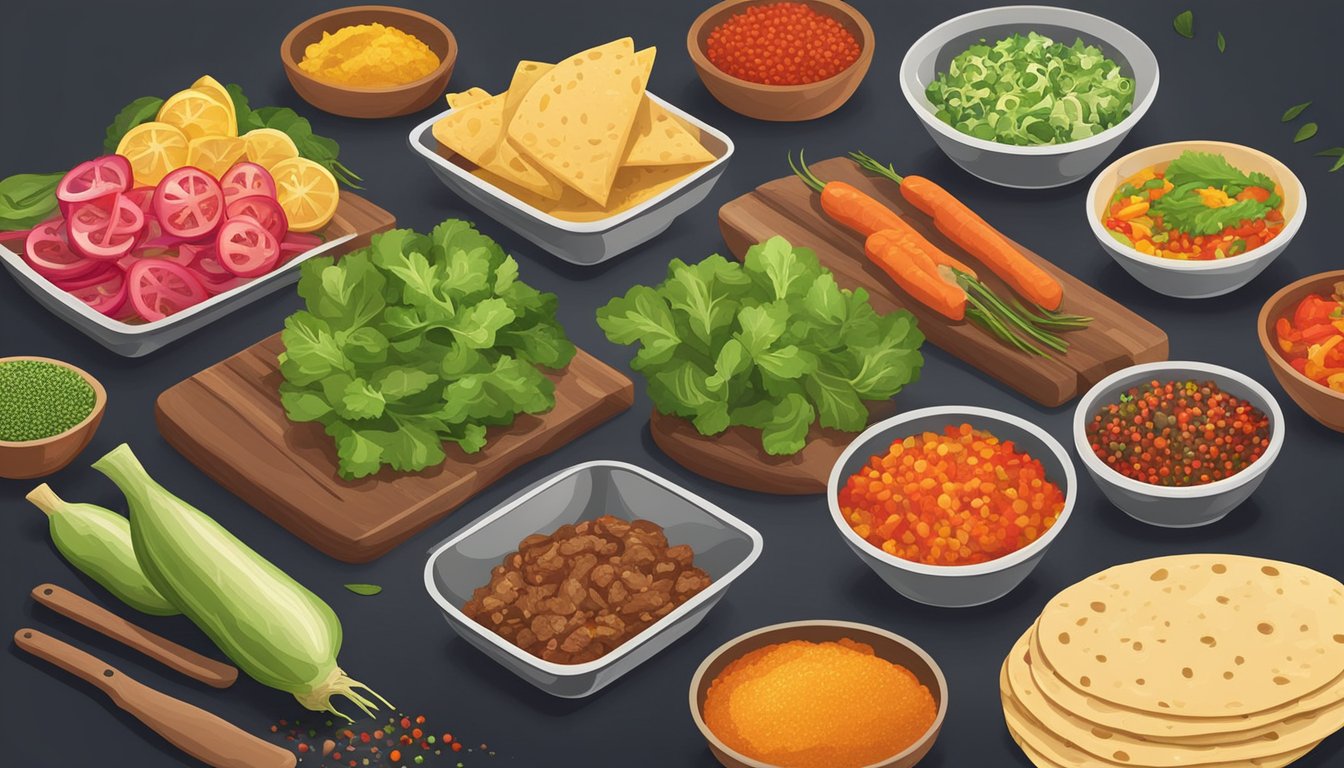 Fresh vegetables being chopped, lean meat sizzling on a grill, and colorful spices being sprinkled onto warm tortillas