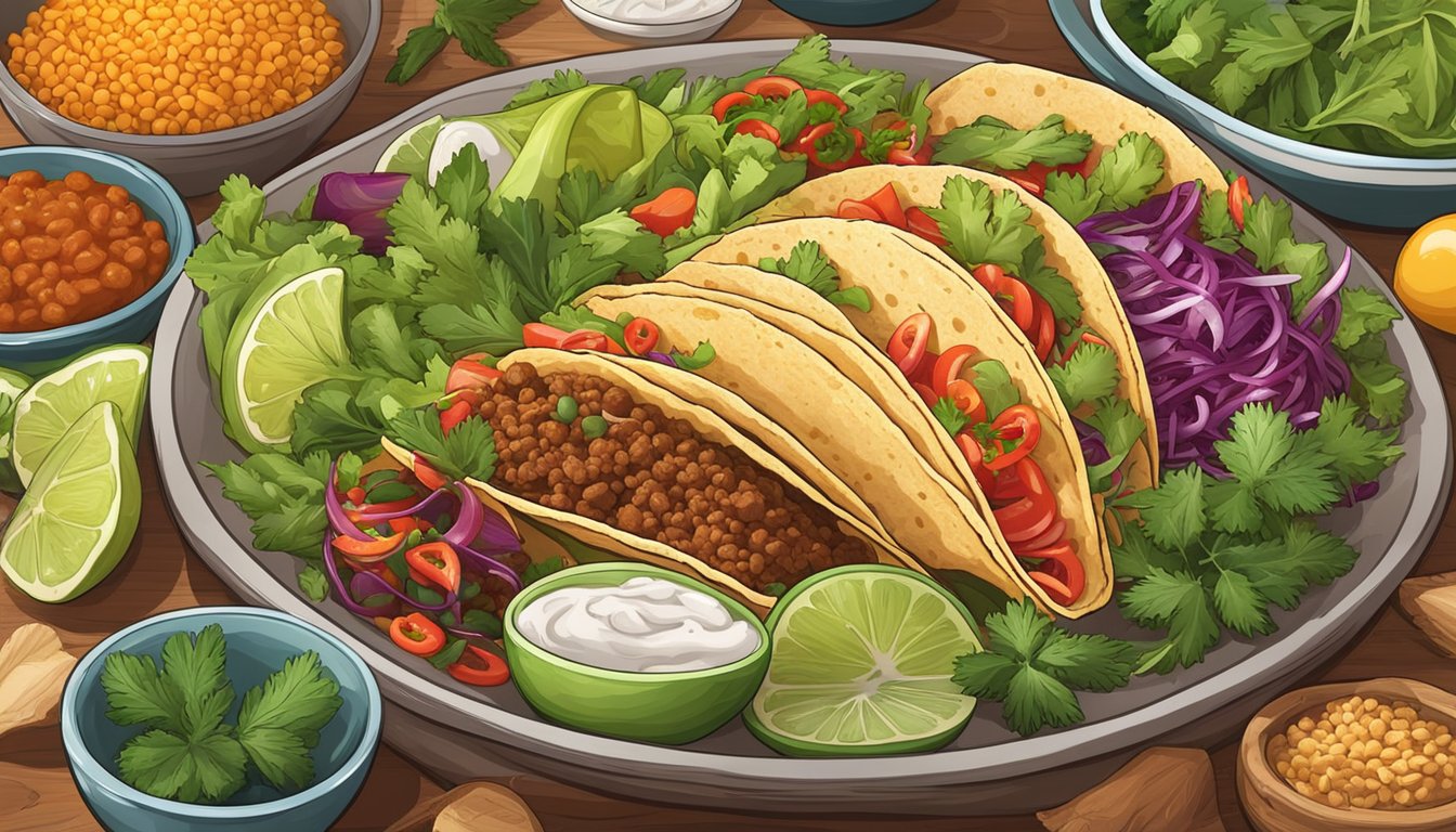 A colorful plate with a variety of taco ingredients, including lean protein, fresh vegetables, and whole grain tortillas, surrounded by vibrant herbs and spices