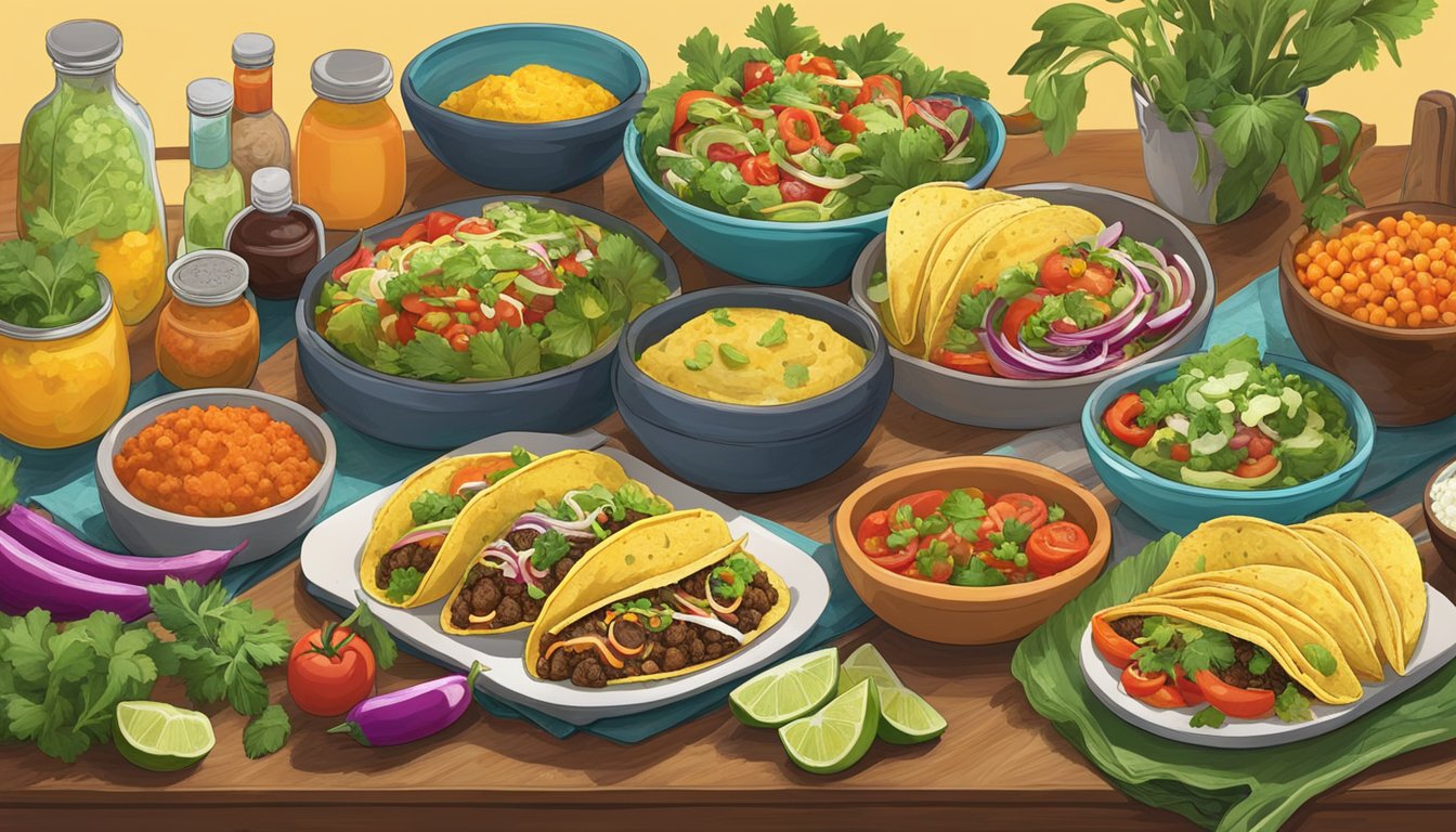 A vibrant taco bar surrounded by diverse ingredients and herbs, with a focus on fresh vegetables and lean proteins. The scene exudes a sense of cultural fusion and healthy eating