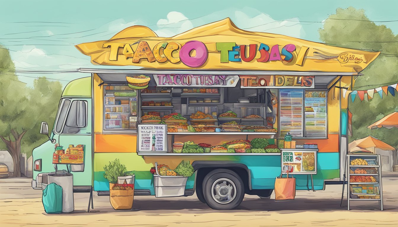 A colorful taco truck with a "Taco Tuesday" sign and a banner advertising "Special Deals" under a lone star