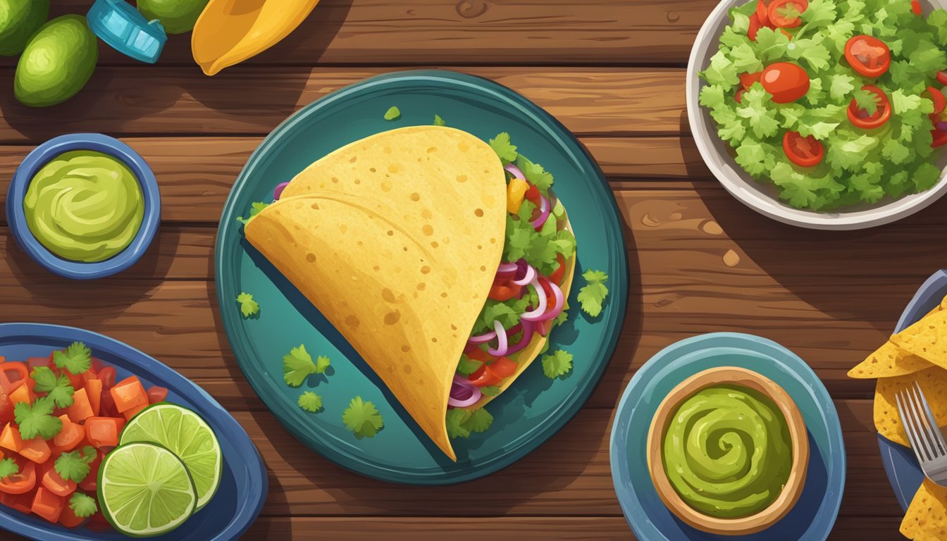 A rustic wooden table with a single taco on a plate, surrounded by colorful salsa, guacamole, and cilantro. A lone star-shaped decoration hangs on the wall