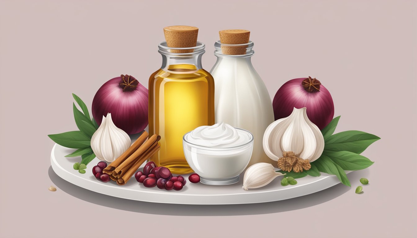 A small bottle of clove oil surrounded by natural foods like garlic, yogurt, and cranberries, all known for their ability to fight yeast infections