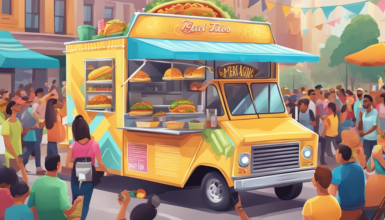 A food truck with a colorful sign, serving tacos and drinks, surrounded by a bustling crowd