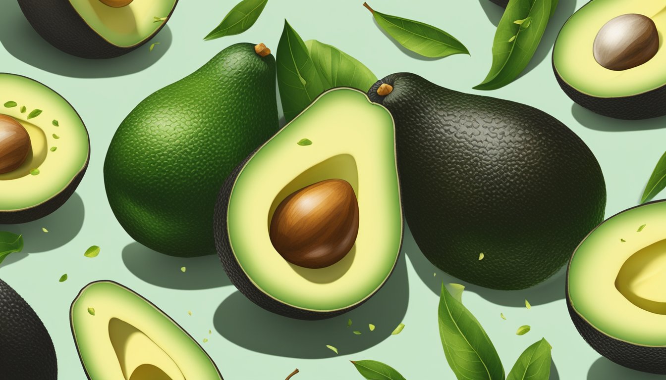 A ripe avocado split open, revealing its creamy green flesh, surrounded by a scattering of whole avocados and a few scattered leaves