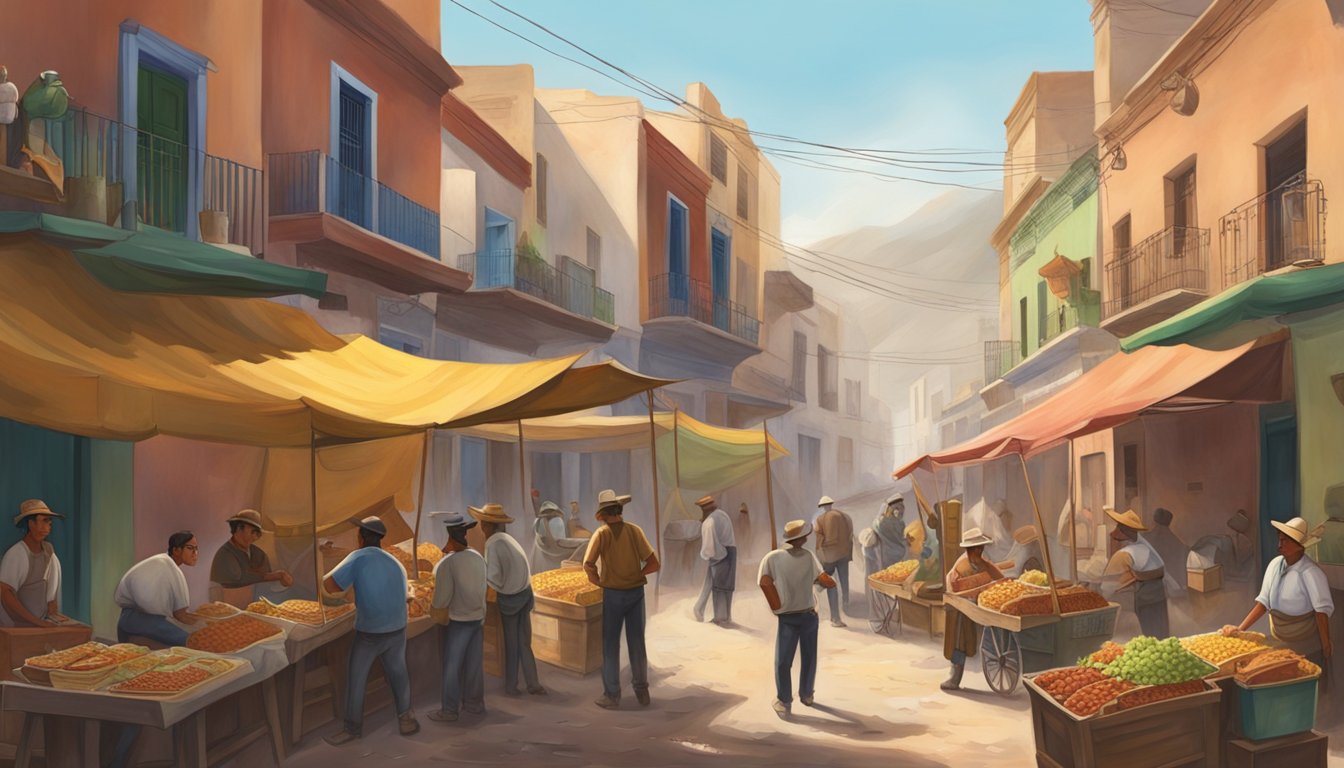 A bustling mining town in Mexico, with workers enjoying tacos from street vendors amidst the dusty streets and colorful colonial buildings