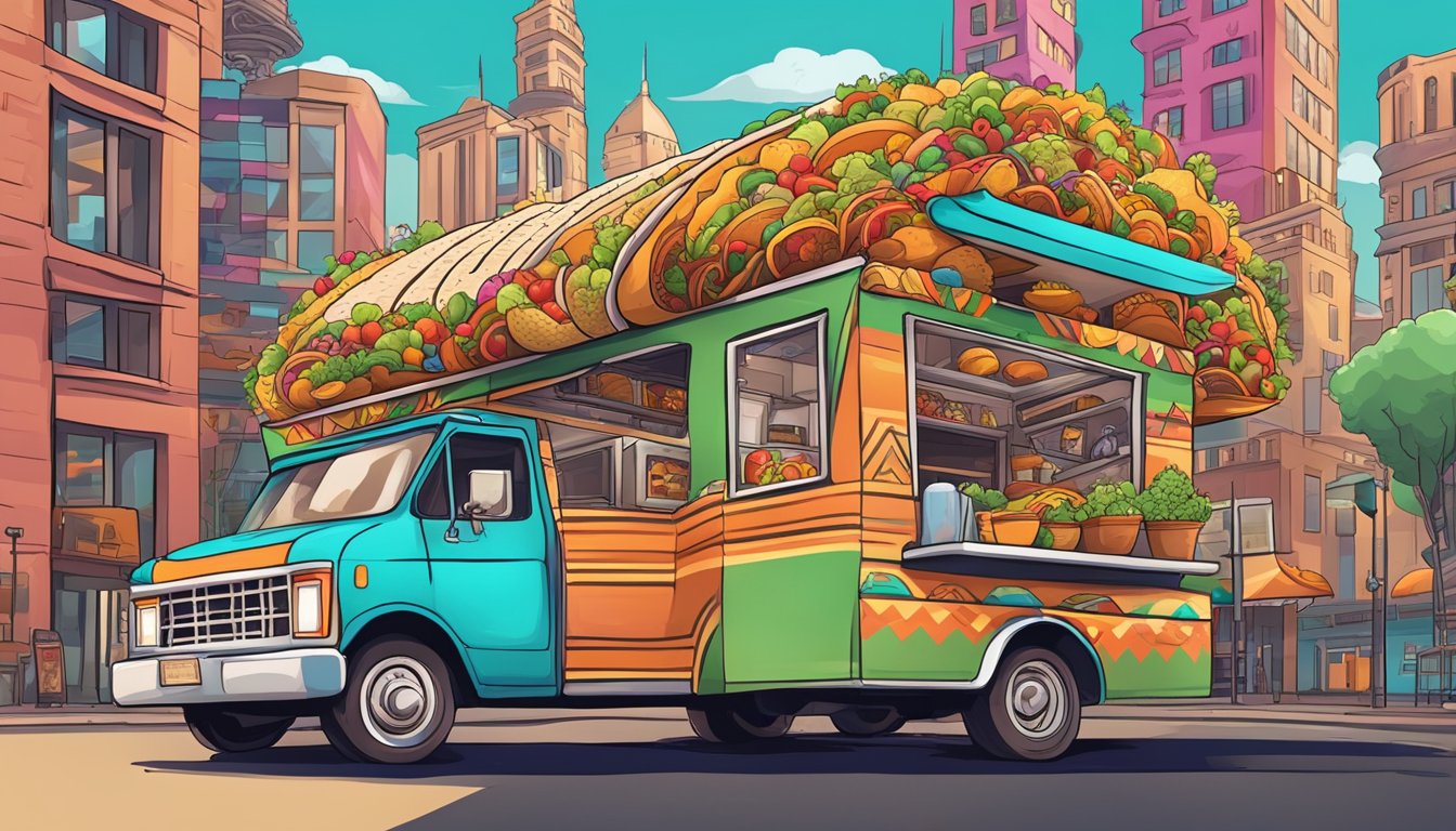 A bustling taco truck surrounded by modern city buildings, with Aztec and Mayan symbols incorporated into the vibrant and colorful taco designs