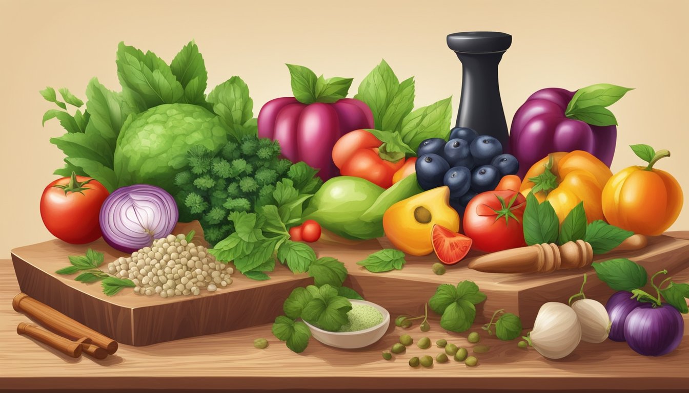 A variety of colorful fruits, vegetables, and herbs arranged on a wooden cutting board, with a mortar and pestle nearby for grinding spices