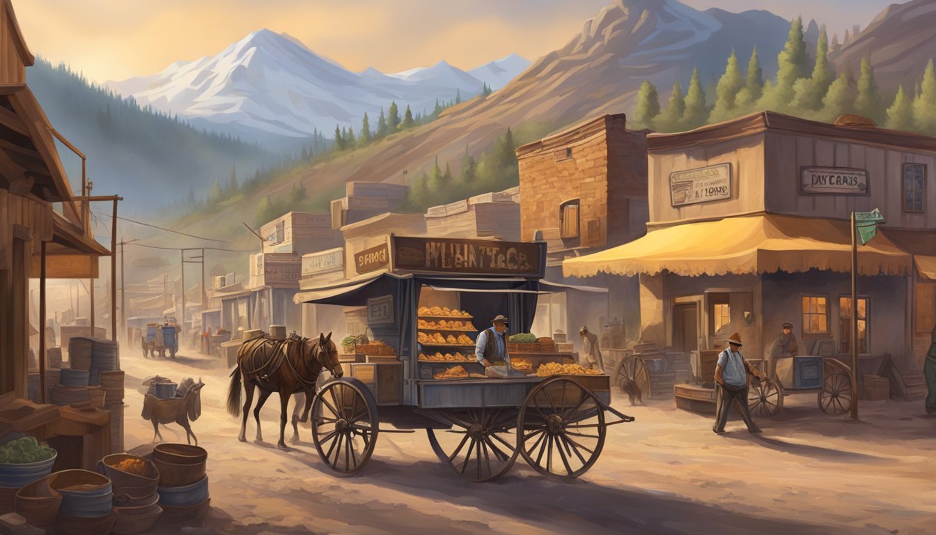 A bustling mining town with a street vendor selling tacos from a cart, surrounded by rugged mountains and historic mining equipment