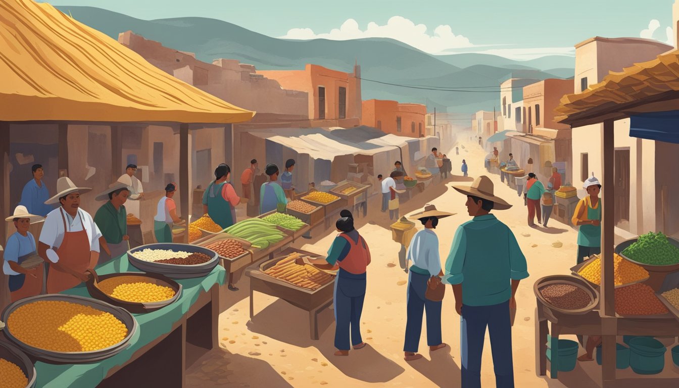 A bustling mining town in Mexico, with vendors selling traditional ingredients like corn, meat, and spices. A group of locals gather around, sharing stories and recipes for making delicious tacos