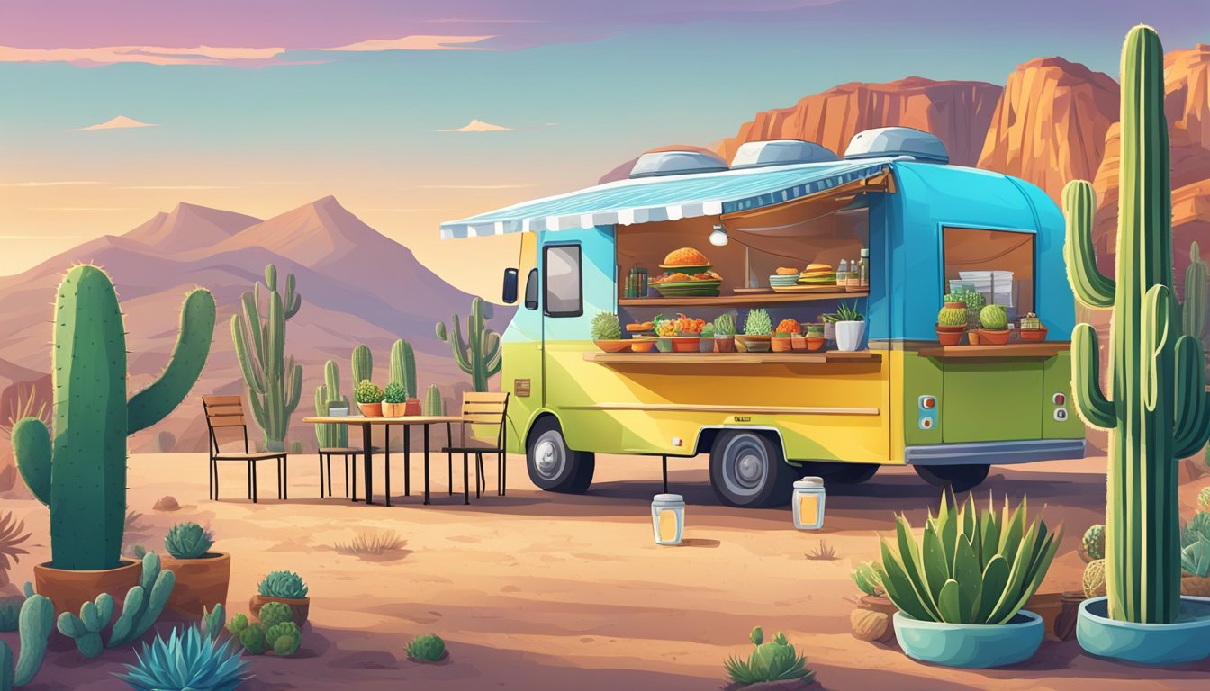 A colorful food truck surrounded by cacti and desert mountains, with a picnic table set up for outdoor dining