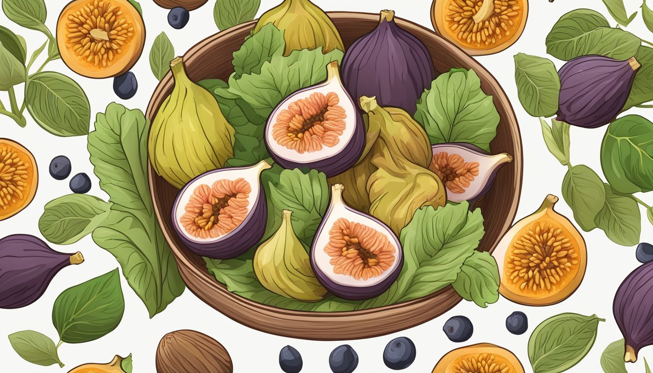 A bowl of fresh figs surrounded by other fiber-rich foods like beans, whole grains, and vegetables