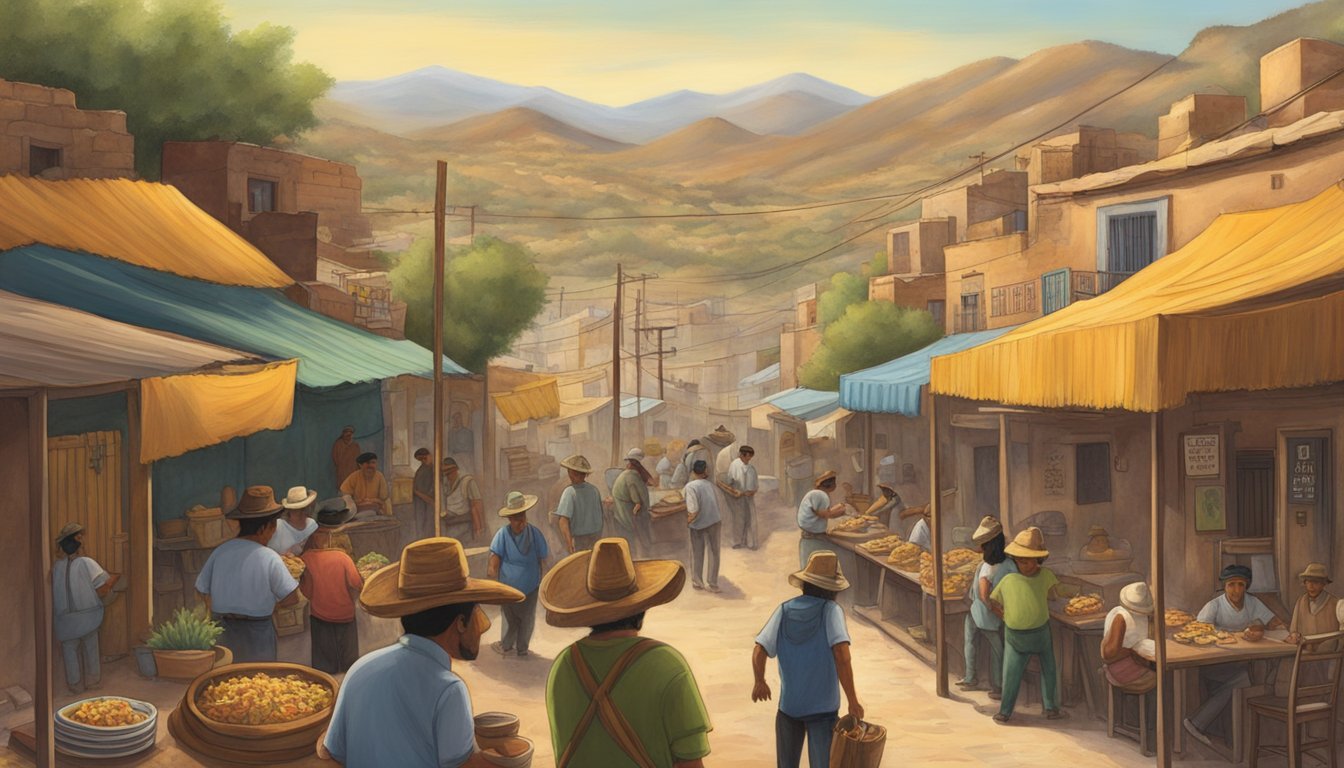 A bustling mining town in Mexico, with workers trading tacos and sharing stories from different regions. A rich history of cultural exchange depicted through the journey of the taco