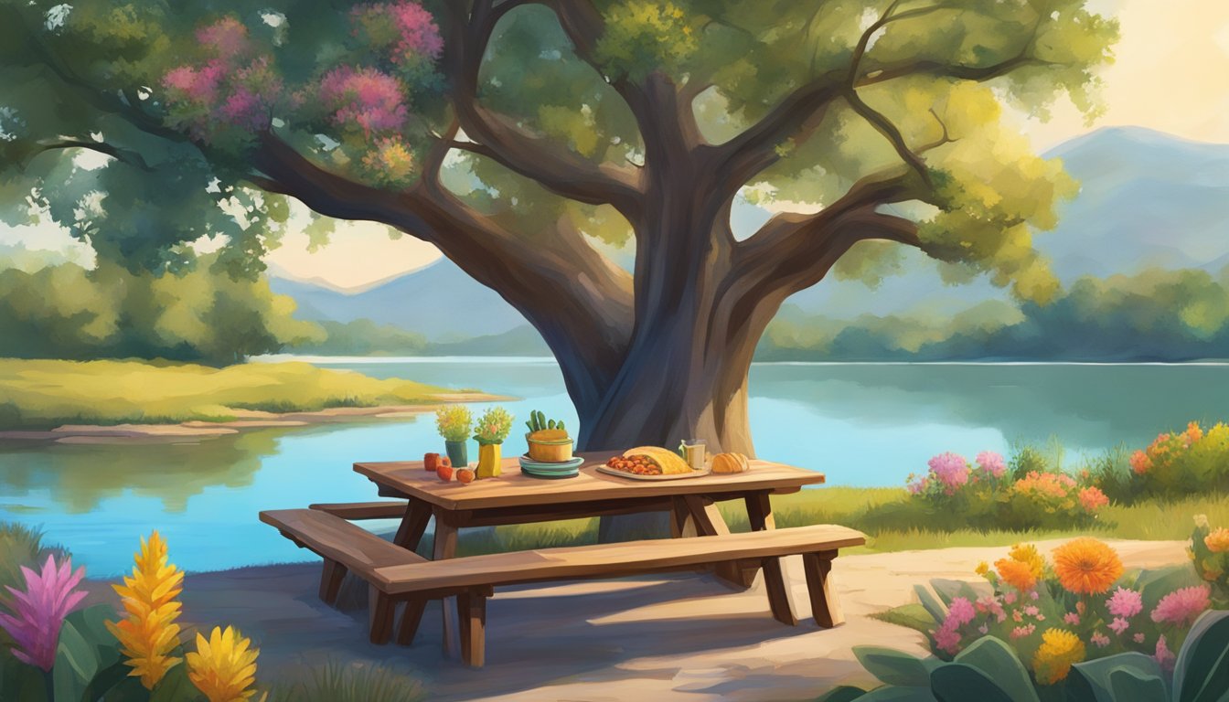 A lone picnic table sits under a sprawling oak tree, overlooking a serene lake. A colorful taco is placed on a plate, surrounded by wildflowers and cacti