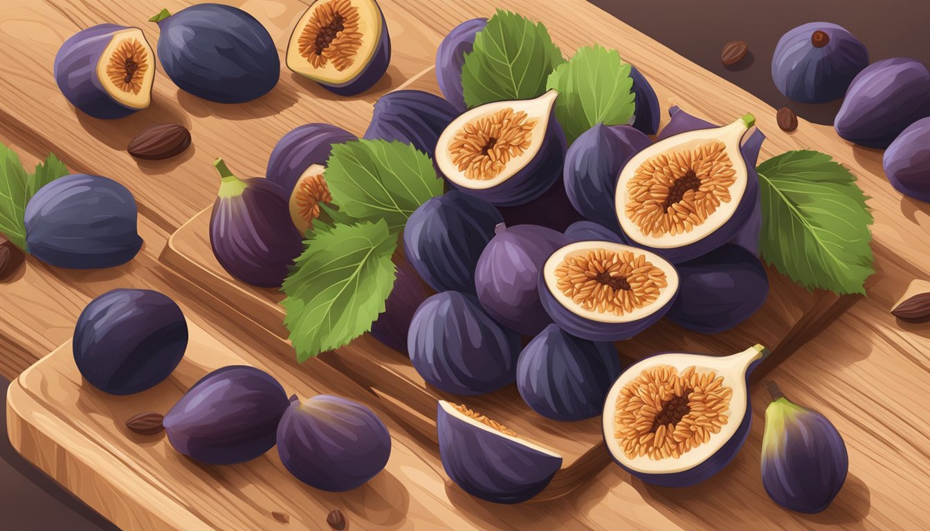 A colorful assortment of prunes, figs, and whole grains arranged on a wooden cutting board