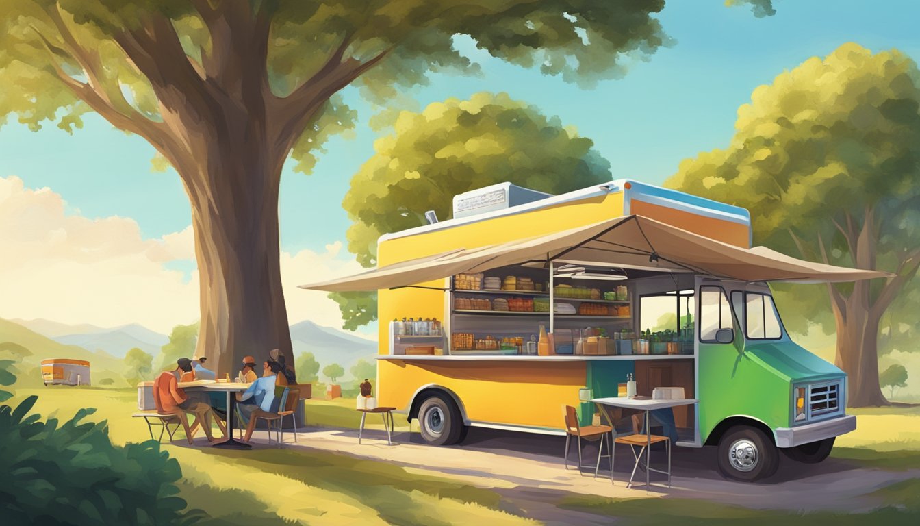 A colorful food truck nestled among rolling hills, serving tacos to customers seated at picnic tables under the shade of towering oak trees