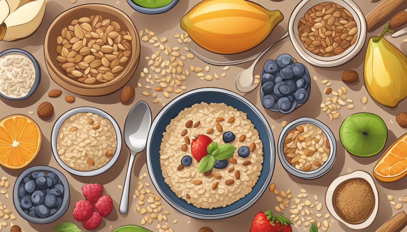 A bowl of oatmeal with added fruits and nuts, surrounded by a variety of other fiber-rich foods like whole grains and vegetables