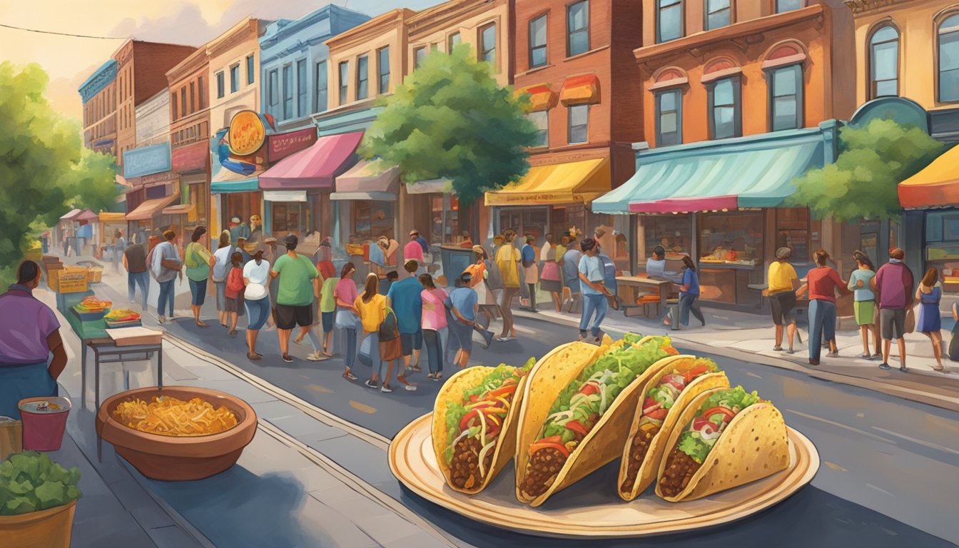 A bustling street in Texas, with colorful taco stands lining the sidewalk, serving up a variety of iconic tacos to a diverse crowd