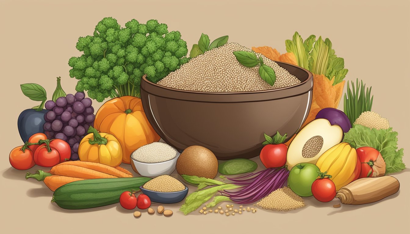 A bowl of quinoa with a variety of accompanying ingredients, such as vegetables and fruits, displayed on a wooden table