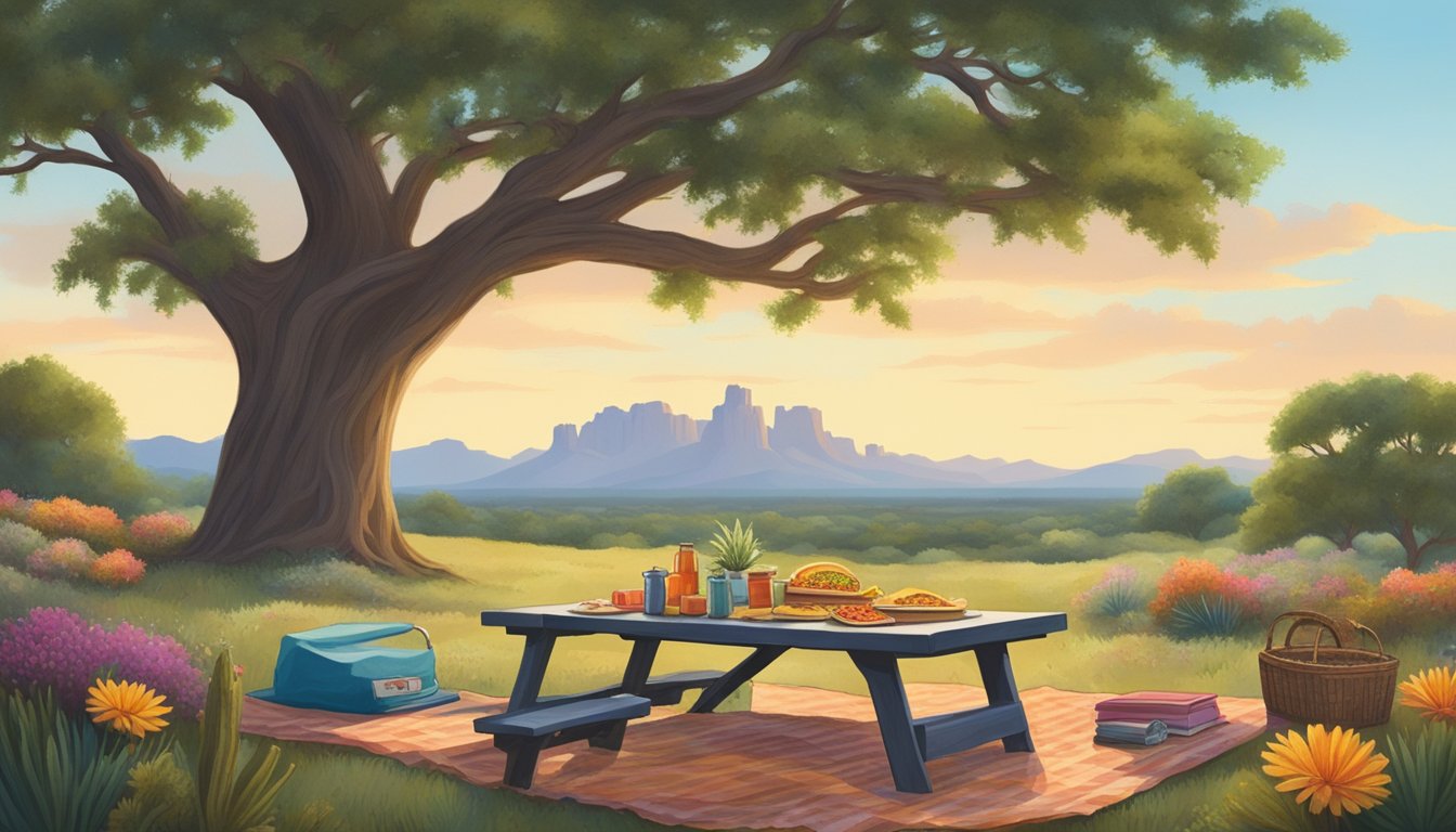 A lone picnic table sits under a sprawling oak tree, overlooking a vast Texas landscape. A plate of colorful tacos is set out on the table, surrounded by wildflowers and cacti