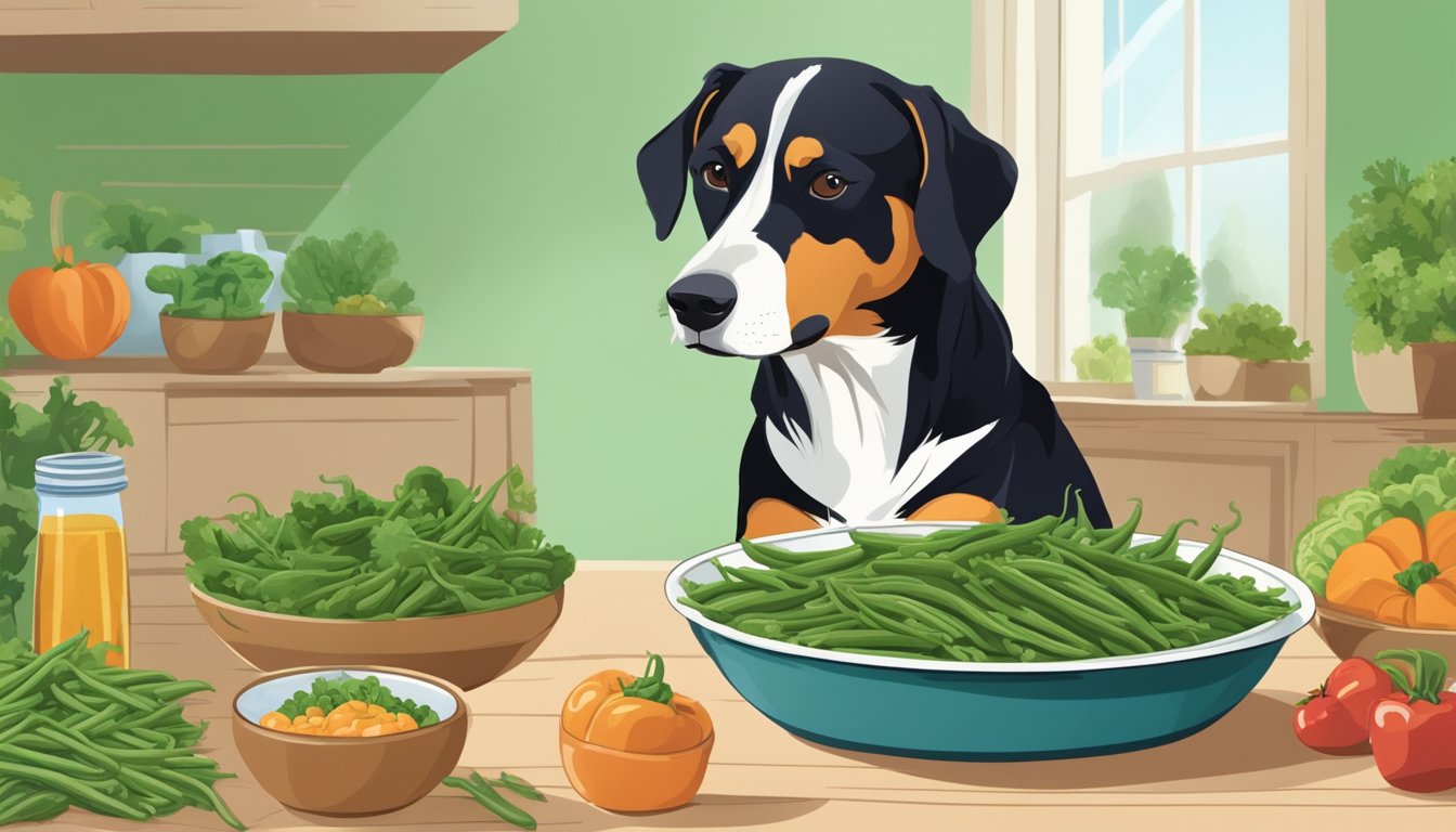 A dog happily eating a bowl of green beans, surrounded by a pile of fresh vegetables and a water bowl