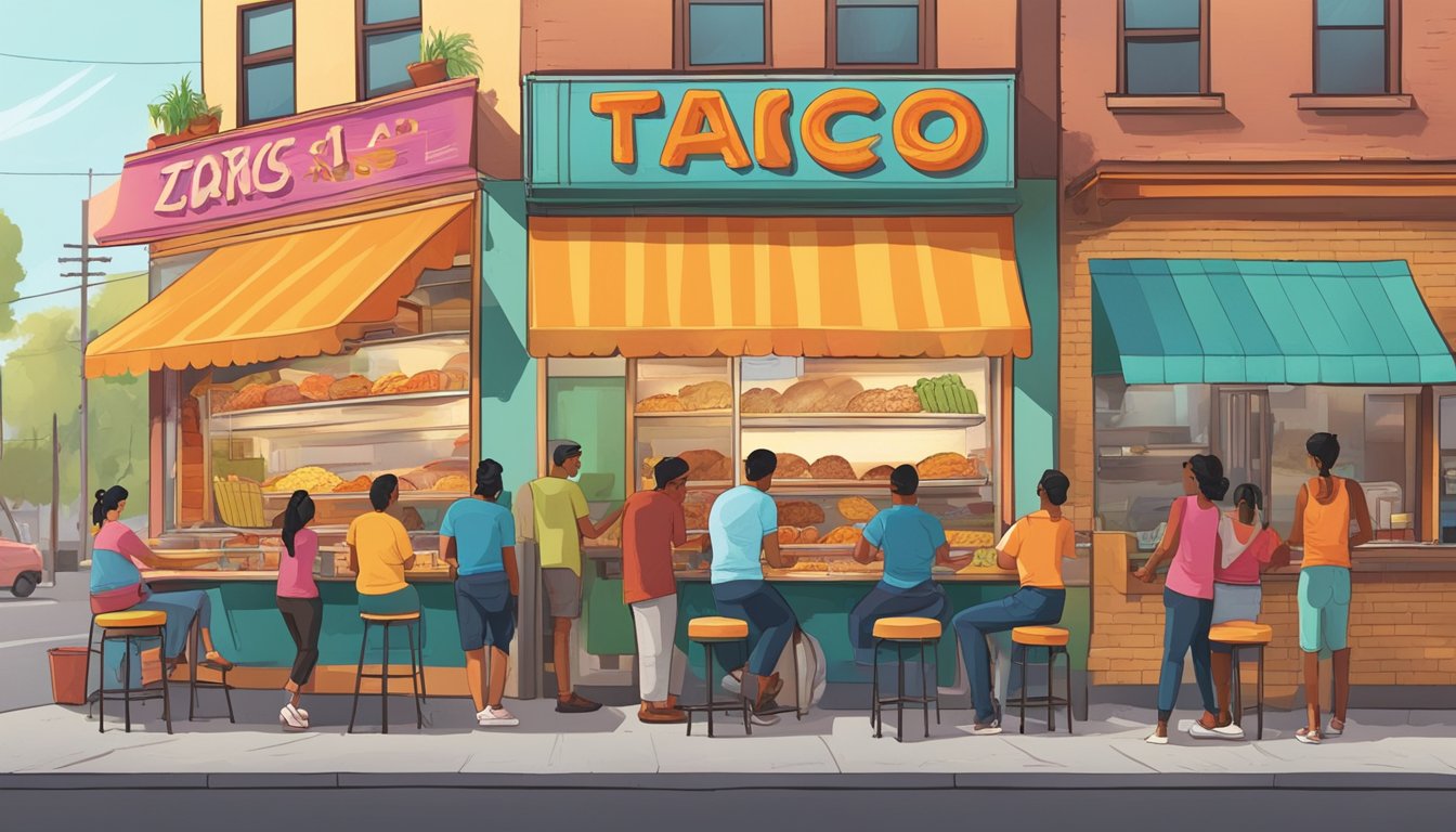 A bustling taco stand with colorful signage and a line of hungry customers stretching down the sidewalk. The aroma of sizzling meat and warm tortillas fills the air